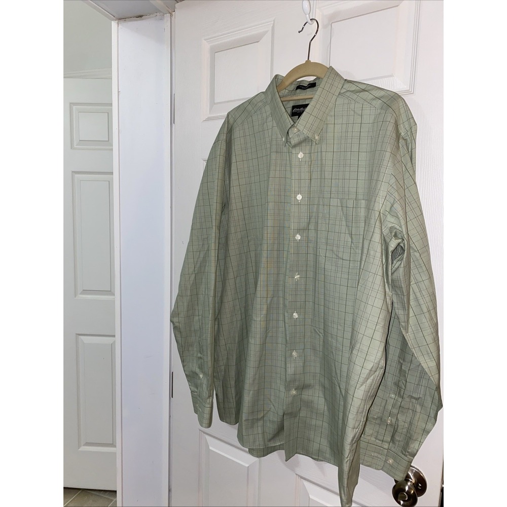 Eddie Bauer Mens Big & Tall XL Tall Green Plaid Button Front L/S Cotton D1
